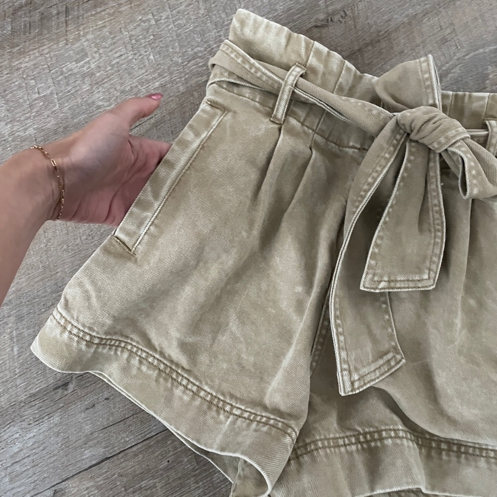 High Waisted Tan Denim Shorts with Bow Belt - Picture 2 of 6